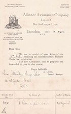 Alliance Assurance Co. Ltd Schloss Logo London 1932 Urkunden Transfer Brief Rf46289