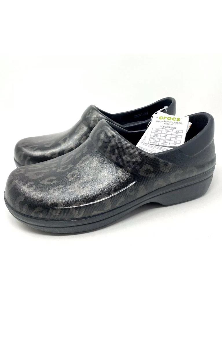 Crocs Felicity Graphic Leopard Print Clog Black Gray Womens size 6 NEW