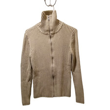 Jennifer Moore Sweater Women's Large Beige Full Zip Stretch Ribbed Cotton