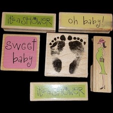 Wood Mounted Rubber Craft Stamps Baby Shower Theme 7pc