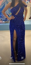Asymmetrical Neck Split Thigh Sequin Prom Dress