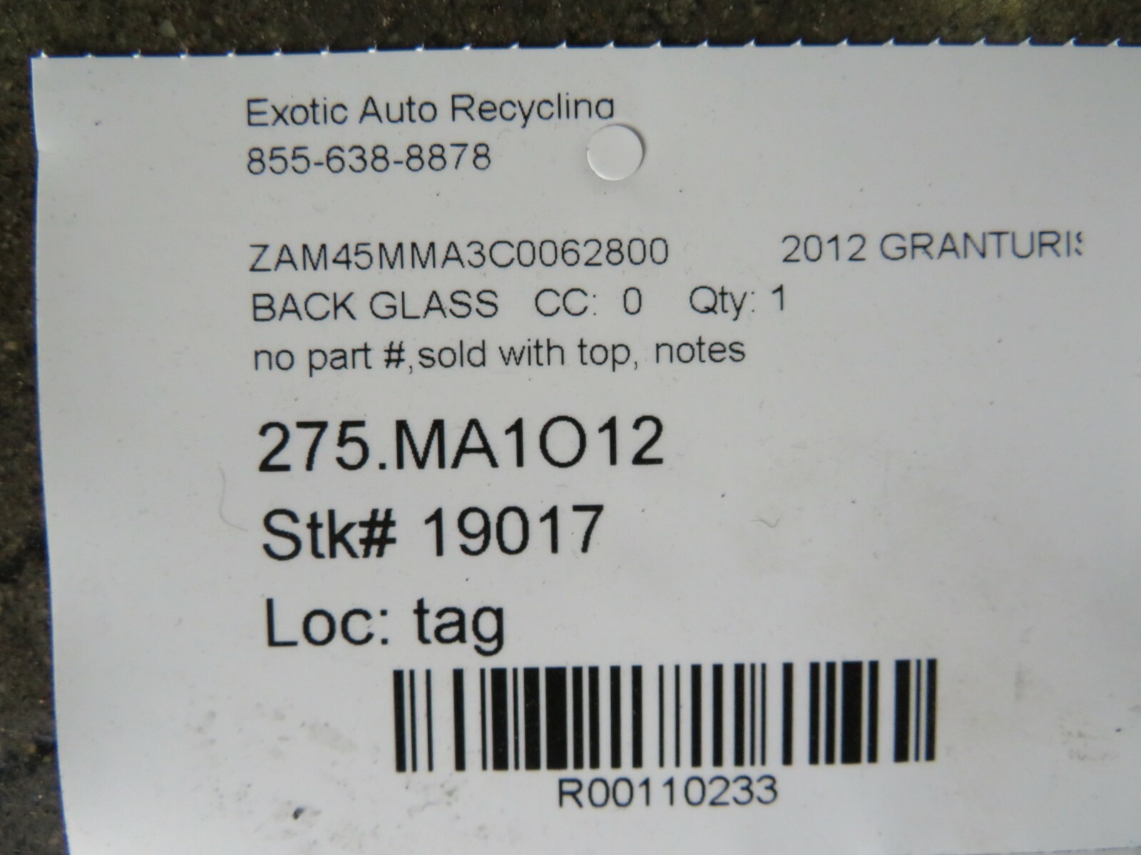 Maserati GranCabrio Convertible, Back Window Glass, Used