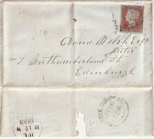 1855 CASTELLO DOUGLAS & DALRY BLU LOCALE PMKS ROBERT HAMILTON LETTERA DAVID GALLESE - Foto 1 di 4