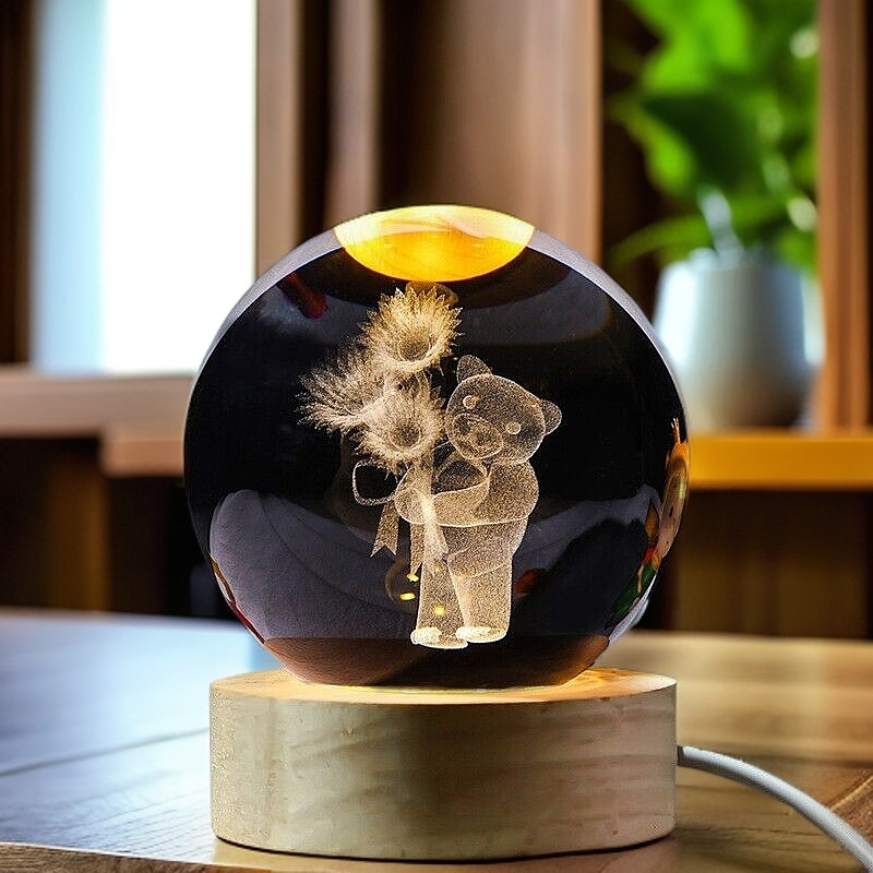 3D Carved Bear & Flower Crystal Ball Night Light with Wooden Base - Perfect Kids Gift