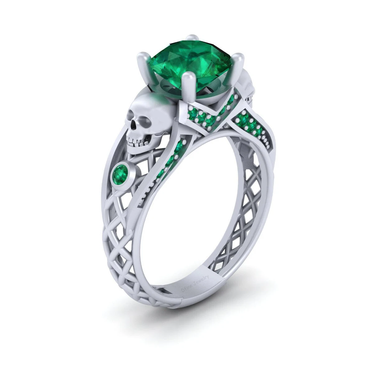 Created Emerald Skull Engagement Ring Criss Cross Mesh Gothic