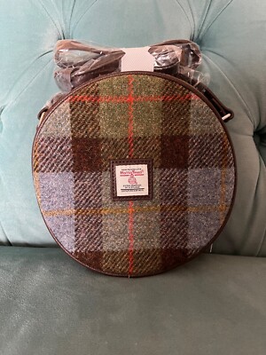 Nwt Harris Tweed Scotland GREEN/BLUE/BROWN Plaid WOOL ROUND 'Crossbody BAG