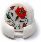 Marble coaster set Floral carnelian semi precious stones inlay Art Handmade Work