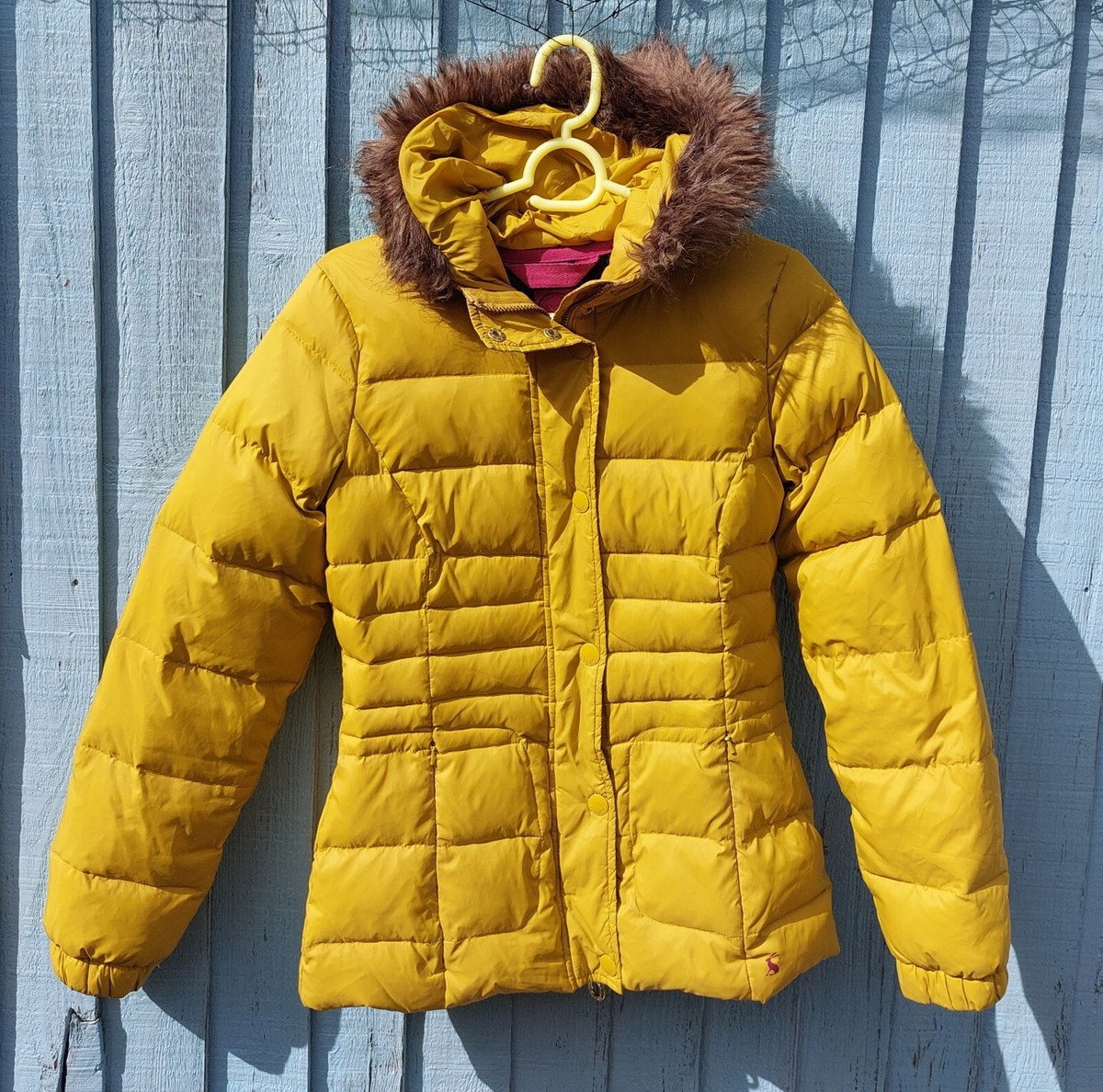 Joules Yellow Quilted Puffer Jacket Size Faux Fur Trim Hood Free