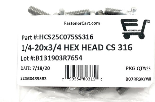 (25) 1/4-20X3/4" 316 Stainless Steel Hex Cap Screws Hex Bolts FT MARINE GRADE - Picture 3 of 4