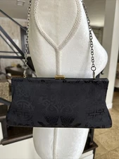 Shanghai Tang Black Silk Damask Convertible Frame Clutch To Hand Or Shoulder Bag