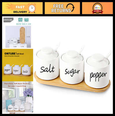 Farmhouse Ceramic Spice Jars Set - 8oz Sugar, Pepper, Salt Bowls with Lids & Spo
