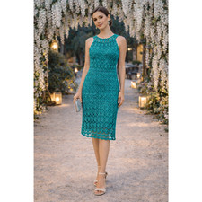 INC Dress Medium Teal Crochet Lined Midi Dress Chic Romantic Cocktail Coquette
