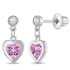 My First Dangle Hearts Pink Kids / Girls Earrings Screw Back - Sterling Silver