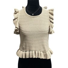 Tan Knit Short Sleeve Sweater with Ruffle Accents  M