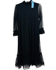 Draper James Maxi Shift Dress Black S Long Sheer Sleeve Polka Dot Overlay