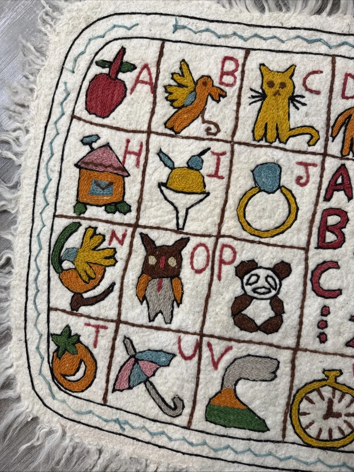 India Kashmir Namda Wool Felted Folk Art Alphabet 36“ X 23” Or Rug Animal ABC - Image 3 of 4
