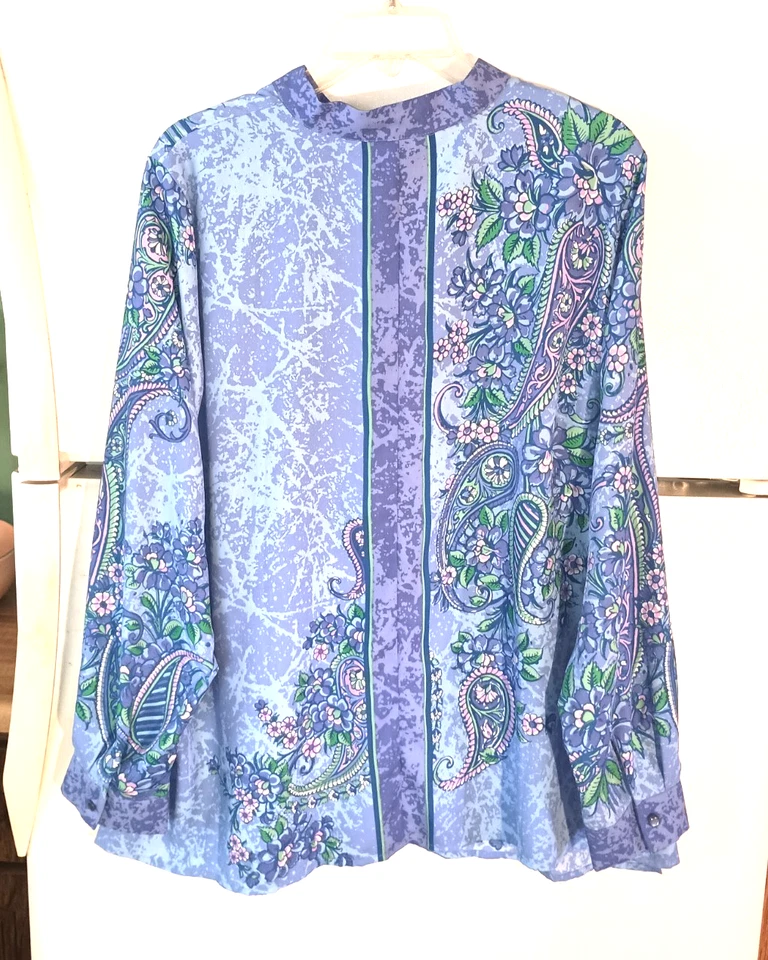 BLUSA BOB MACKIE USABLE ARTE FLORAL PAISLEY MANGA LARGA CUELLO MANDARINA 1X Foto 4 de 4
