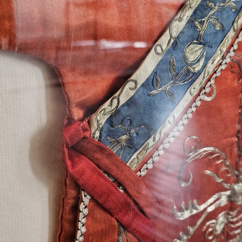 Vtg Antique Chinese Qing Dynasty Embroidered Dragon Silk Robe Child Framed Red - Picture 5 of 20