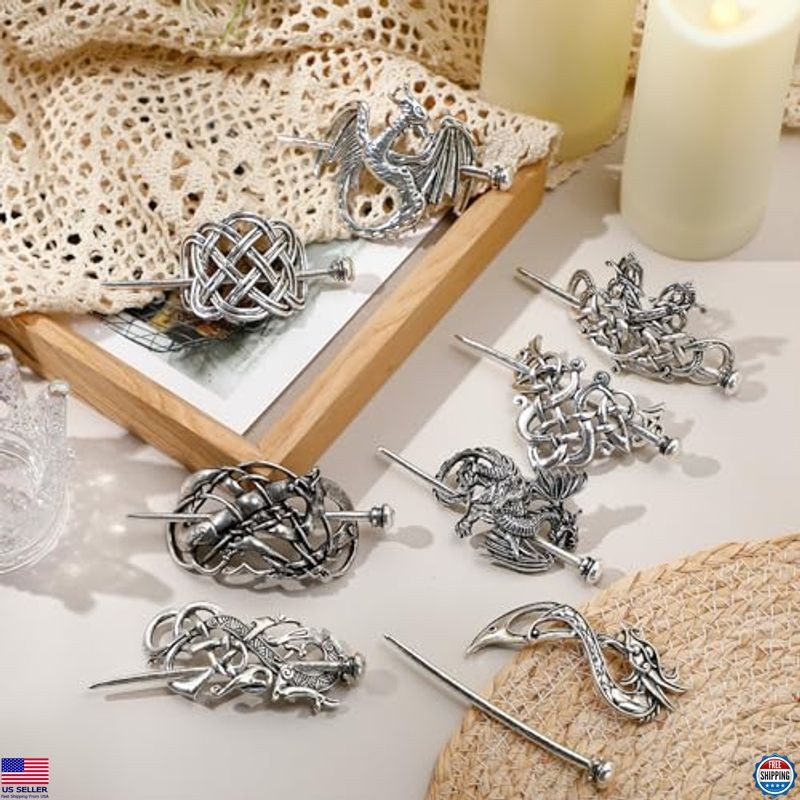 Syhood Vintage 8-Piece Viking Celtic Hair Clip Set - Silver Hair Sticks & Pins