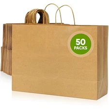 Paper bags with handles, 50 pcs kraft paper bags 16x6x12 inches brown 