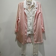 Vtg Victorias Secret Pajama Set Women Small Pink White Satin 3 Piece Sleepwear