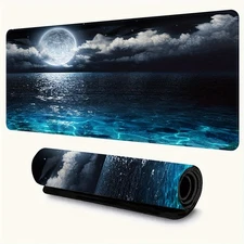 40*90cm1pc Large Non-Slip Ocean Moonlight Gaming Desk Mat - Glowing Blue-Green S