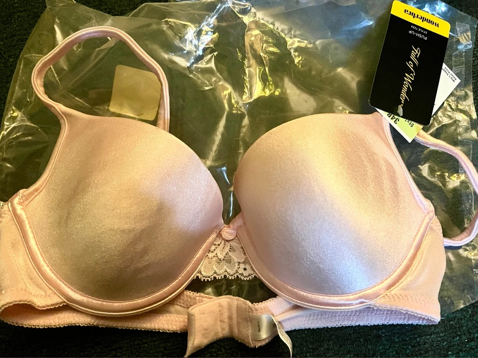 NUEVO-LOTE DE 4, NUEVO CON ETIQUETAS, sujetador Wonderbra 34B, 7234 satinado push up con aros, stock antiguo Foto 4 de 4