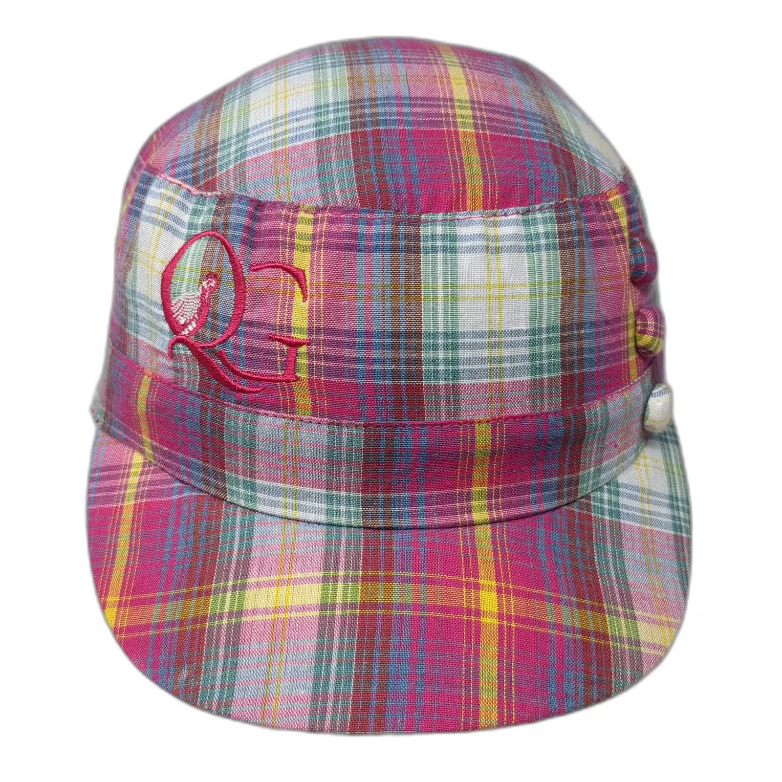 Quail's Gate Pink Plaid Army Cap Hat One Size Cotton Embroidered Side Buttons