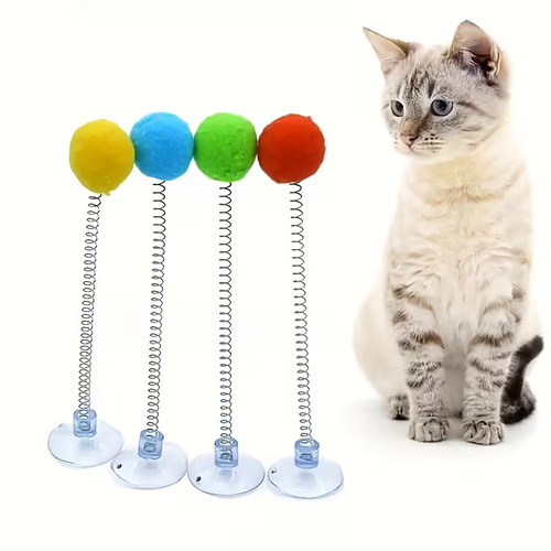 2pcs Spring Cat Teaser Wand with Suction Cup Base - Interactive Cat Toy with Plu