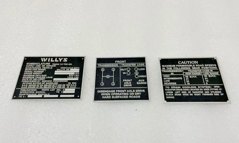 FIT FOR Jeeps Willys Ford CJ2A CJ3A CJ3 Dash Data Plate Aluminum Black Set Of 3