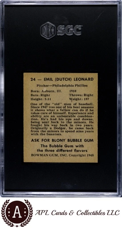 1948 Bowman #24 Dutch Leonard SGC 4 - Image 2 of 2