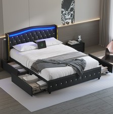 Bed Frame with upholstered headboard Platform bed with 4 Storage Drawers and Led