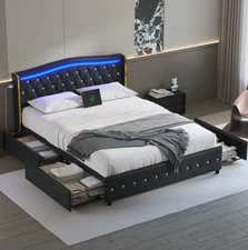 Bed Frame with upholstered headboard，Platform bed with 4 Storage Drawers and Led