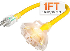 1 Ft 12 Gauge Heavy Duty 3 Outlet Extension Cord Splitter with Indicator, Waterp