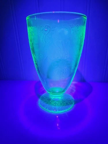 Uranium Depression Glass Hazel-Atlas Florentine pat. 5" footed tumbler