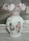 Fenton Satin White Pink Glass Ruffled Hand Painted Rose Melon Vase Signed