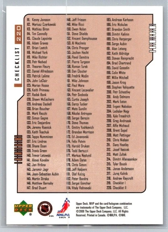 2000-01 Upper Deck MVP #220 Checklist Steve Yzerman Detroit Red Wings - Image 2 of 2