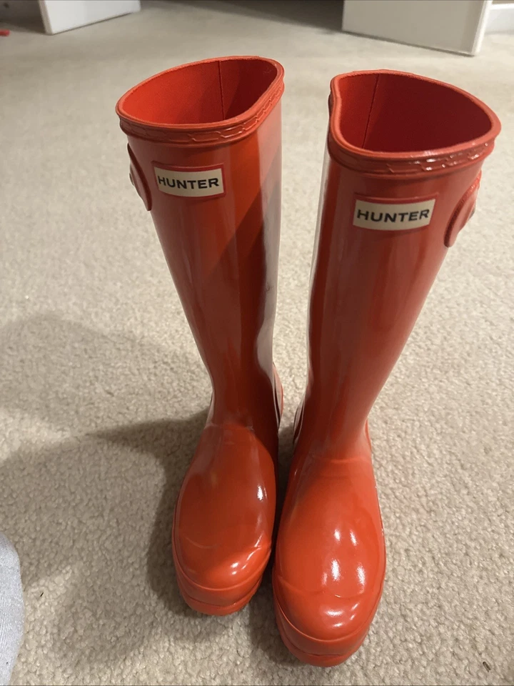 New Hunter Rubber Boots Women's ORG Tall Gloss Burnt Orange Sz6 - Image 2 of 4