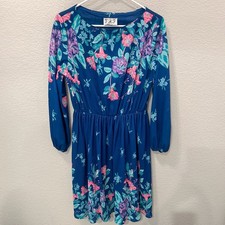 Vintage 80s Blue And Pink Floral Dress Size 12 Pleated Crinkle Stretch Waist