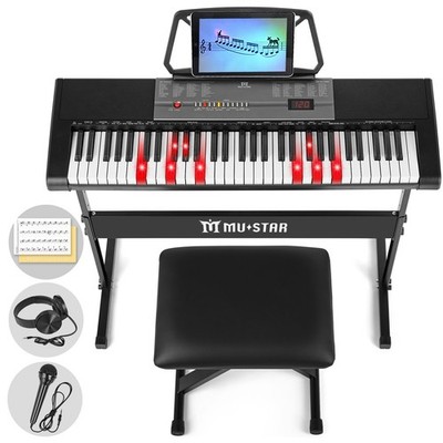 Black 61Keys Electric Lighted Up Piano Keyboard w/Stool,Stand,Headset,Microphone