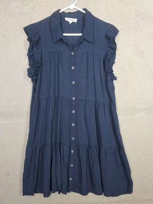 Lucky Brand Tiered Button Front Dress XL Navy Blue Knee Length Ruffle Sleeve 
