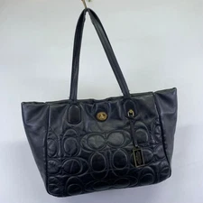 Coach Legacy Black Leather Op Art Quilted Turnlock Satchel Tote Bag Purse