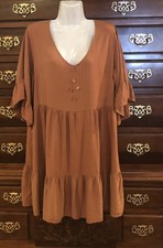 Sz Large Universal Thread Womens Ruffle Half Sleeve V- Neck Rust Button Dress