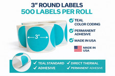Direct Thermal Labels- 3" Round Teal Colored 500 Labels per roll, 1-12 Rolls