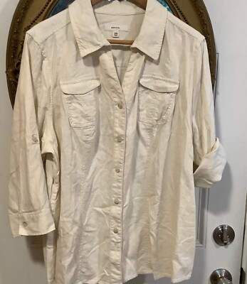 Merona egg shell linen blend y neck roll tab sleeves women's shirt top size 24W