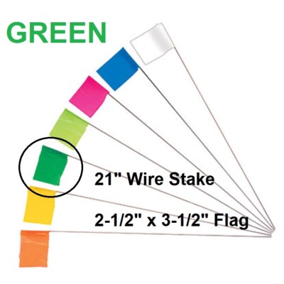 Keson 21'' Wire Surveyor Stake  2.5'' x 3.5'' GREEN Marking Flag, 100-Pack STK21G