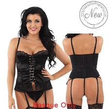 Black Satin & Lace Up Basque Corset & Thong Lingerie Hook & Eye Size 36DD
