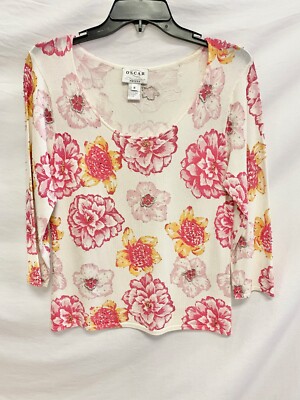 OSCAR de la Renta Floral Print Beaded Sequin Embellished Knit Blouse M Petite