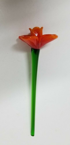 ART GLASS ORANGE YELLOW TIP LONG STEM GLASS FLOWER 8 1/4" - Picture 7 of 8