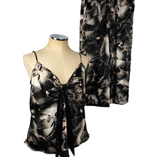 Pink K Womens Pajama Set M Camisole Babydoll Top Wide Crop Pants Liquid Satin